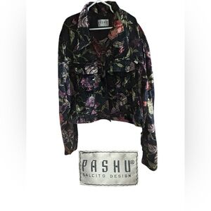 VINTAGE PASHU CROPPED JACKET FAUX VELVET FLORAL BUTTON UP